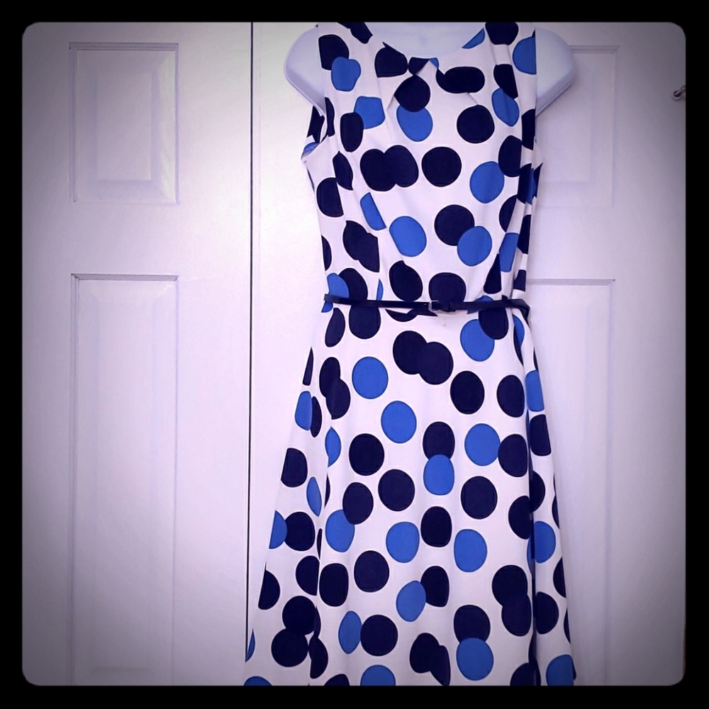 Knee length white with blue polka dot dress